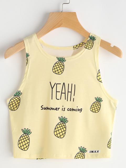 Tank Top Estampado De Piña Y Letras