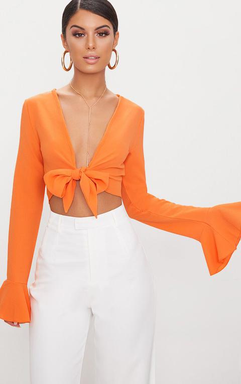 Tangerine Tie Front Frill Sleeve Blouse