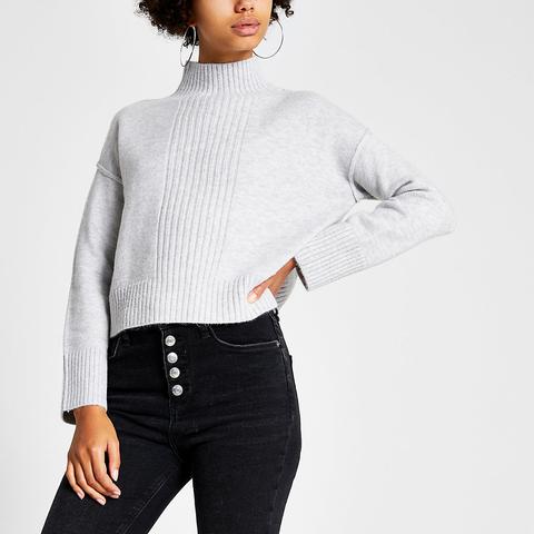 Grey High Neck Cropped Knitted Jumper