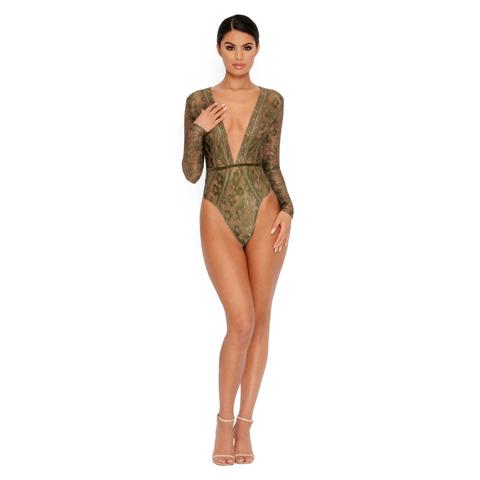 Lace Be Honest Long Sleeve Plunge Bodysuit In Khaki