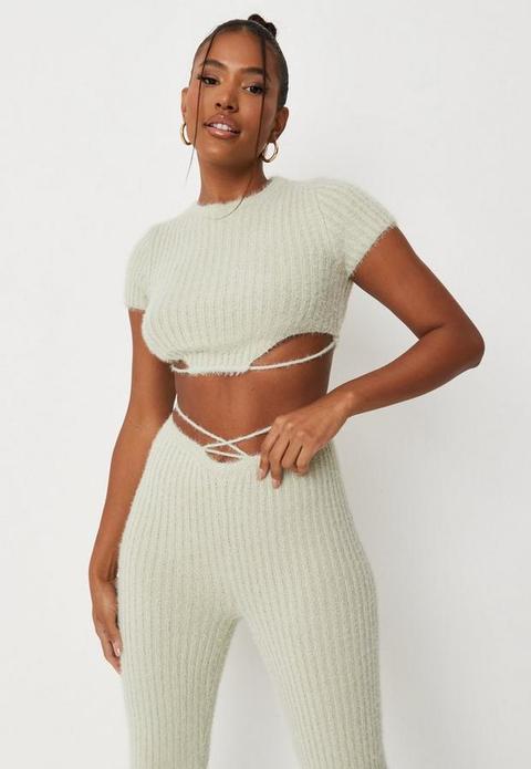 Carli Bybel X Missguided Sage Fluffy Knit Short Sleeve Open Back Crop Top, Green