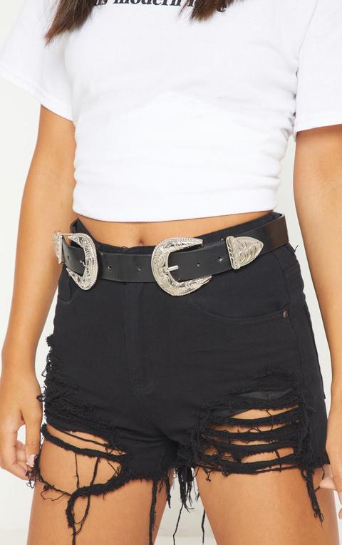 Kicho Silver Ornate Double Buckle Western Belt