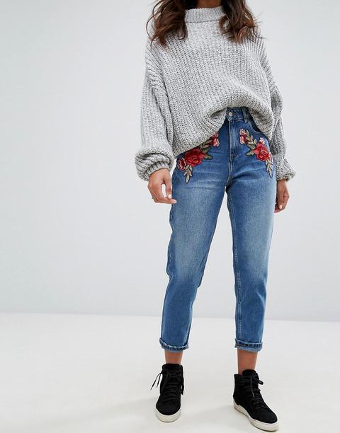 Pimkie - Mom Jeans Con Fiori Ricamati - Blu