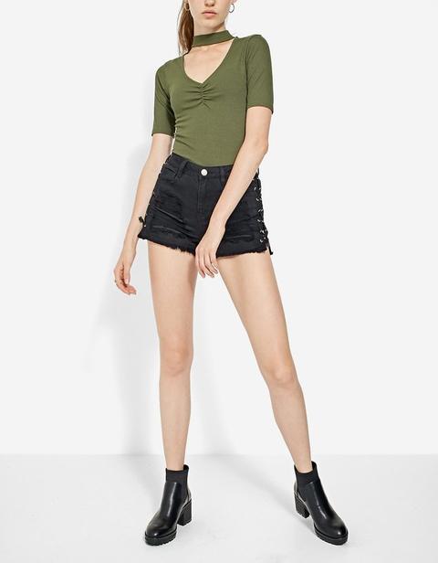 Top Corto A Costine Choker Kaki