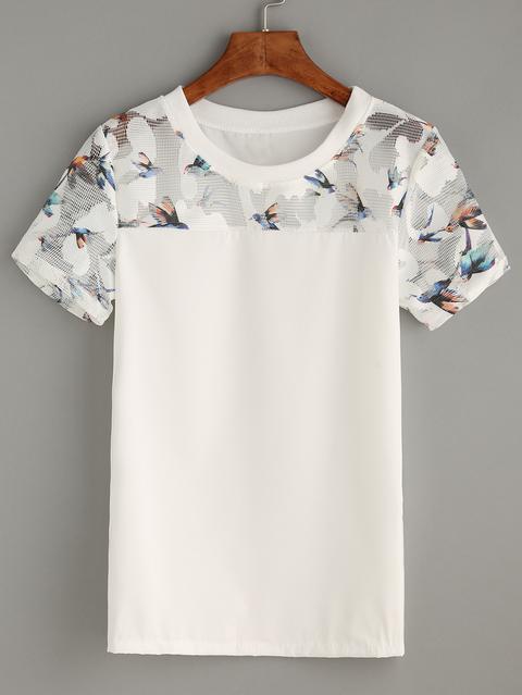 Top Con Aplicación Malla Estampado Pájaro -blanco