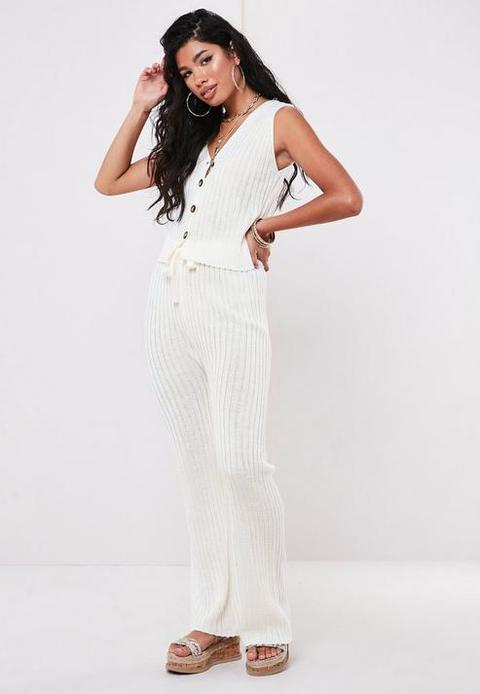 Cream Rib Knitted Co Ord Wide Leg Trousers, Cream