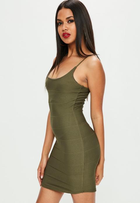 Khaki Strappy Scoop Neck Bandage Bodycon Dress, Khaki