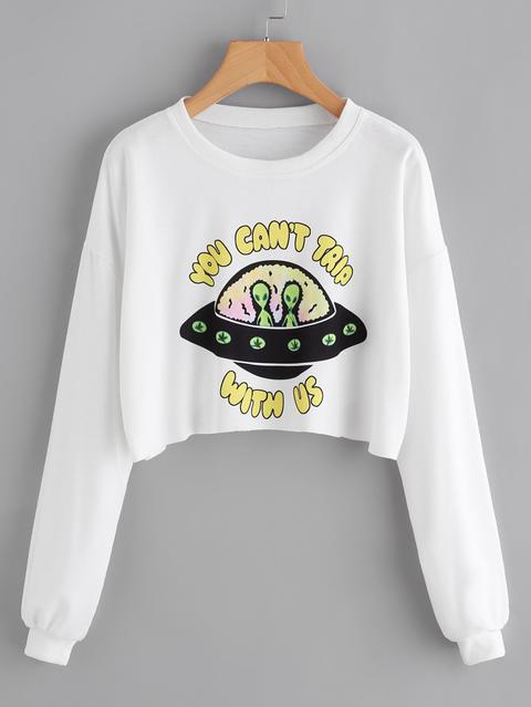 Alien Print Crop Sweatshirt