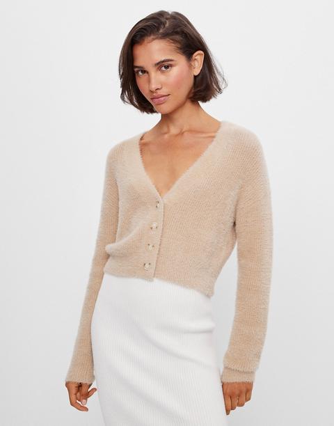 Bershka Cropped Fluffy Cardigan In Beige-neutral