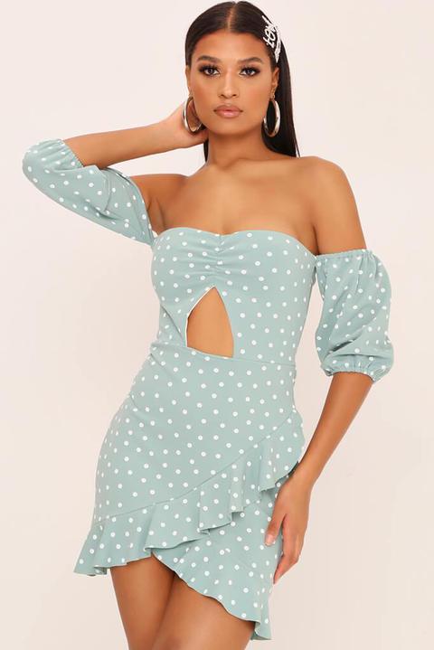 Sage Polka Dot Bardot Dresss