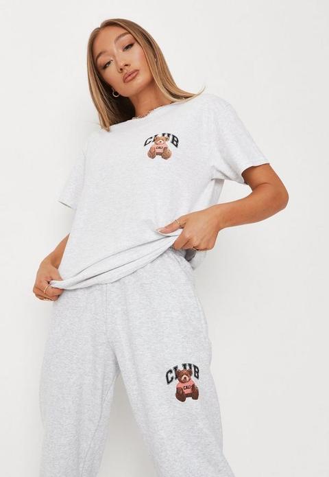 Grey Marl Cali Club Bear Graphic Oversized T Shirt, Grey