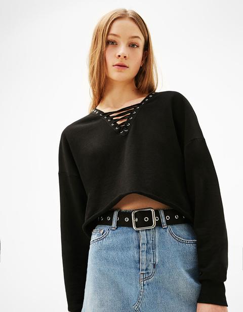 (blober)(mix)jersey Cropped Detalle Acordonado Escote