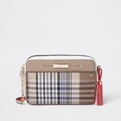 Brown Check Print Boxy Cross Body Bag