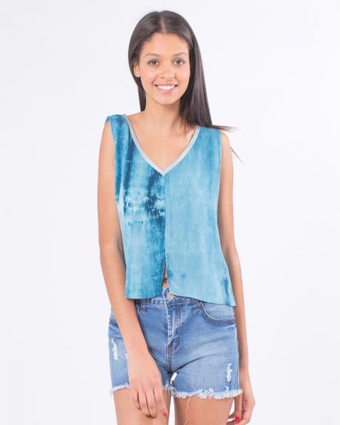 Crop Top Escote Uve Plata Tiedye Bambula Azul