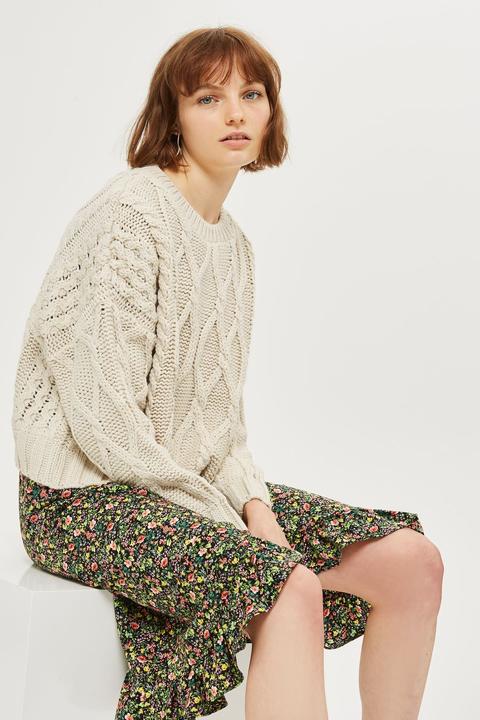 Womens Cropped Cable Knit Jumper - Oatmeal, Oatmeal