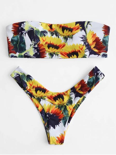 Conjunto De Bikini Palabra De Honor Con Estampado De Girasol Multi