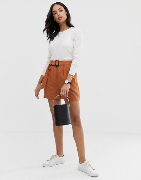 Asos Design Linen Gutsy Shorts With Buckle-brown