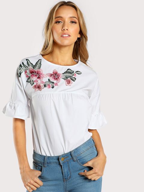 Embroidered Flower Embellished Ruffle Sleeve Babydoll Top