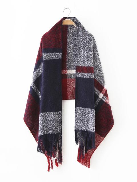 Sciarpa Forma Scialle Con Frangia Lunga Plaid - Marino