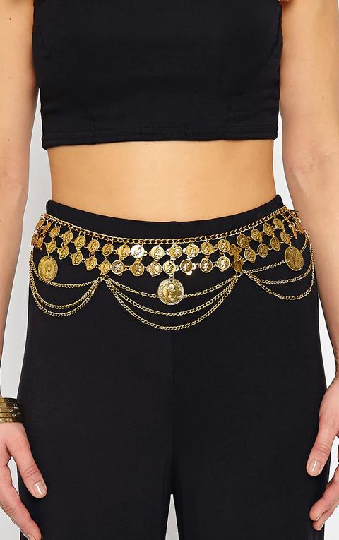 Alesha Gold Coin Chain Waist Belt, Yellow