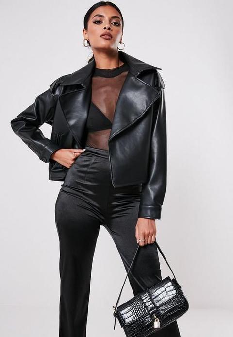 Oversized Trench Detail Crop Biker Jacket, Black