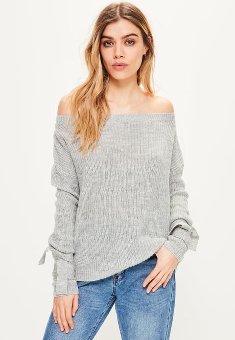 Grey Tie Sleeve Bardot Jumper