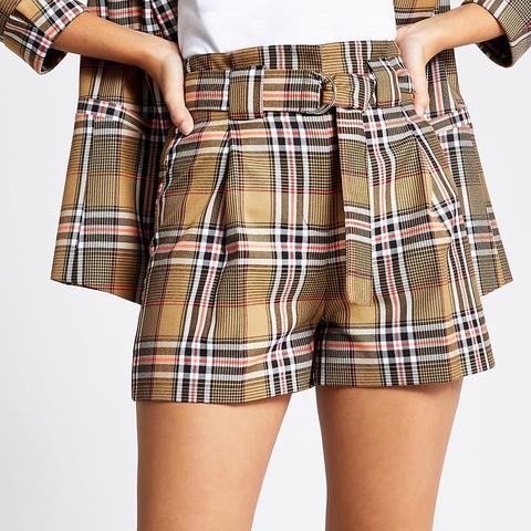 Beige Check Belted Shorts