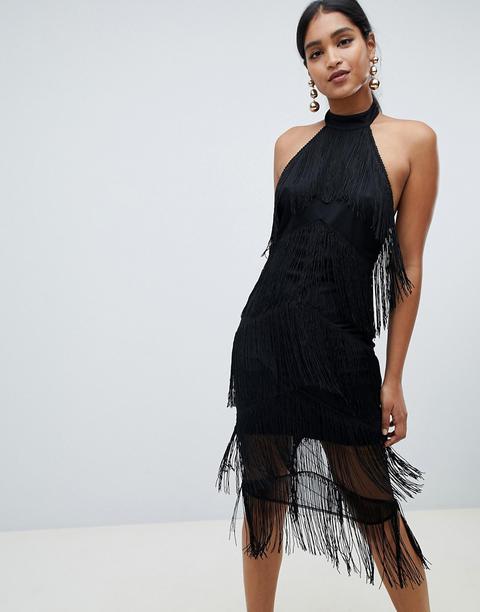 Vestido Midi Con Cuello Halter Y Flecos De Asos Design-negro