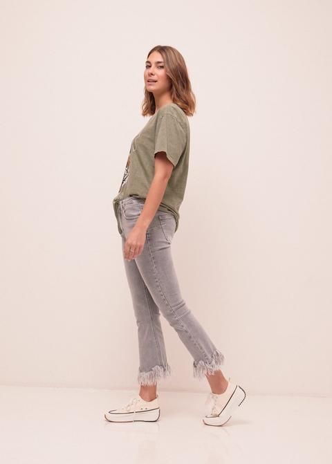 Pantalón Denim Flecos Gris Desgastado