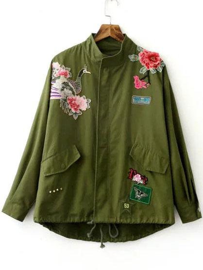 Cappotto Ricamato Fiore Con Coulisse E Cerniera - Verde Militare