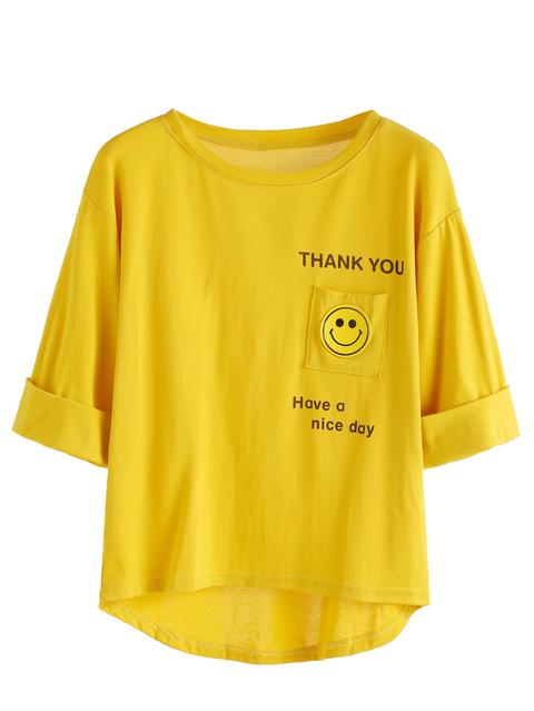 Yellow Smile Letters Print Dip Hem Cuffed T-shirt