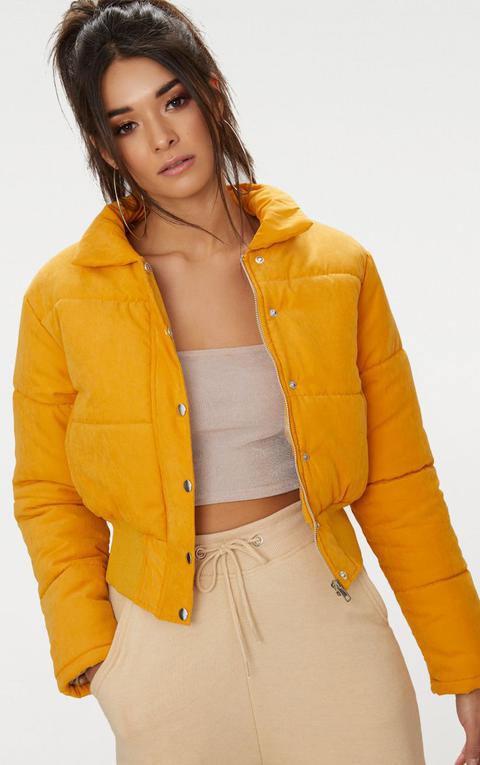 Mustard Peach Skin Cropped Puffer Jacket, Yellow