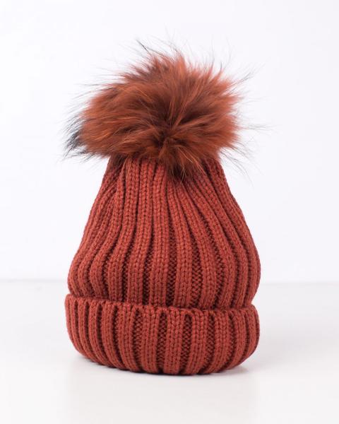 Gorro Lana Pómpón Pelo Teja