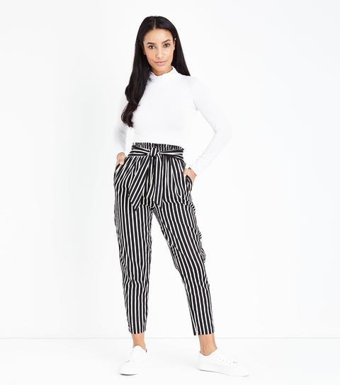 Black Stripe Print Tie Waist Trousers New Look