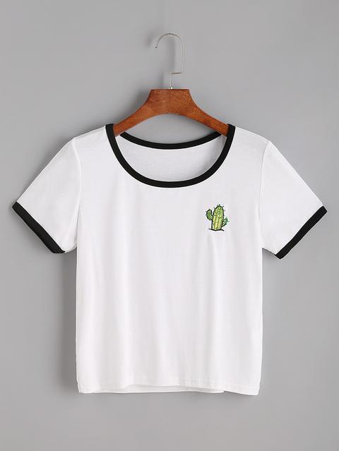 White Cactaceae Embroidered Ringer T-shirt