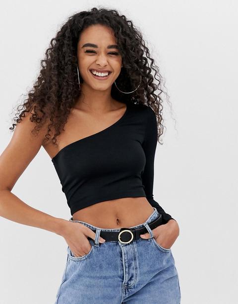 Asos Design - Top Corto Nero Monospalla A Maniche Lunghe - Nero