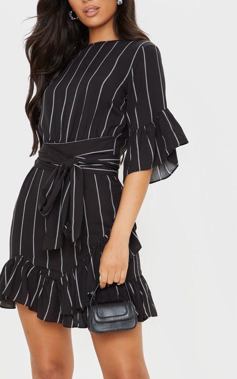 black stripe frill detail mini dress