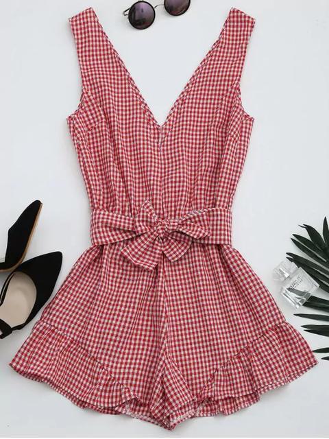 Checked Plunge Romper