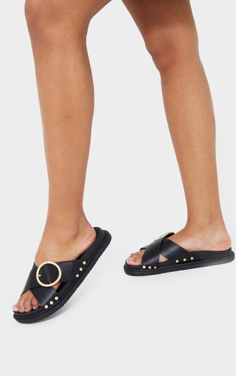 Black Cross Strap Buckle Detail Mule Sandal