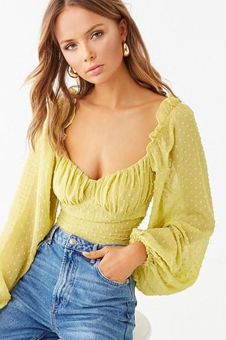 Forever 21 Clip Dot Peasant Crop Top , Avocado