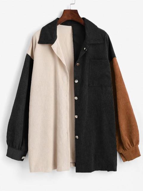 Boyish Colorblock Front Pocket Oversized Corduroy Shacket Black