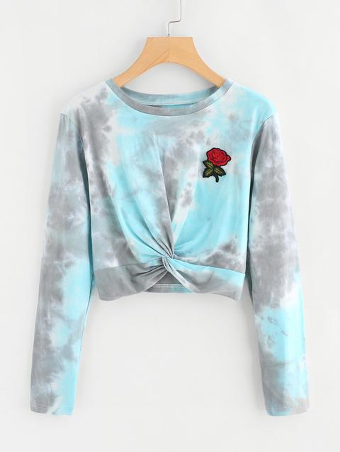 Rose Embroidered Patch Water Color Twist Sweatshirt