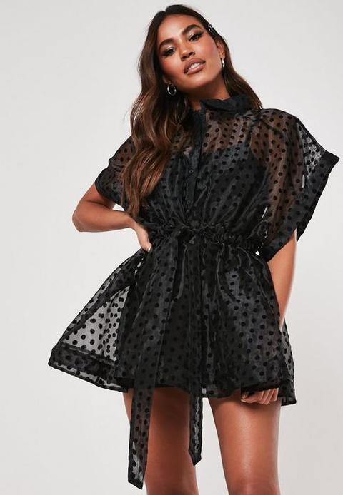 Black Polka Dot Organza Skater Shirt Dress, Black