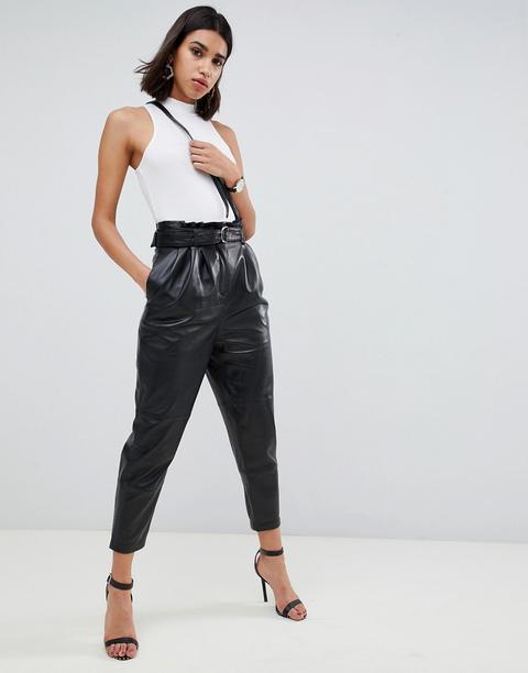 Asos Design - Hochwertige Lederhose Mit Geschnürter Taille - Schwarz