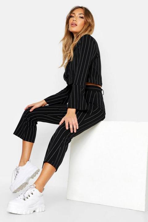Pantalon Évasé À Rayures Fines Et Ceinturé - Noir - 40, Noir
