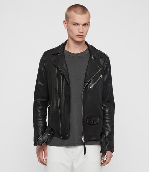 Allsaints Men's Leather Slim Fit Roundhouse Biker Jacket, Black, Size: M