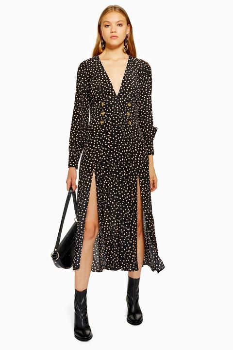 Womens Printed Button Midi Dress - Black, Black