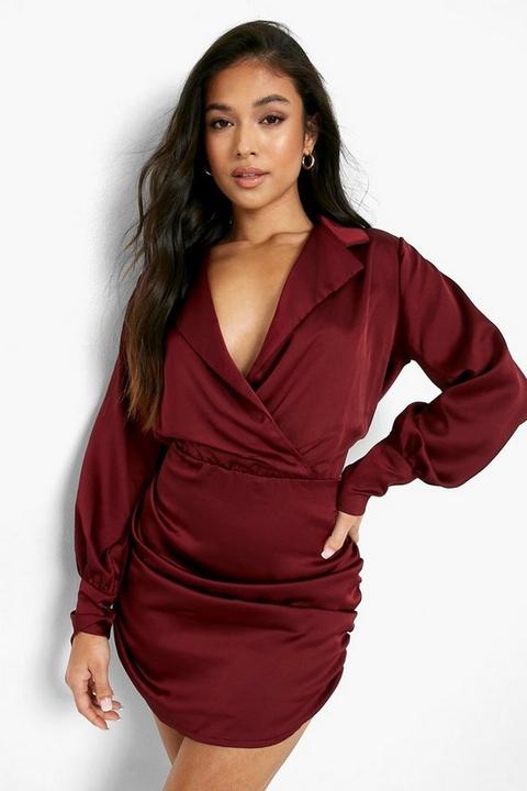 Womens Petite Satin Wrap Ruched Mini Dress - Red - 6, Red