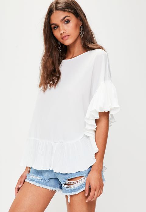 White Pleated Frill Top