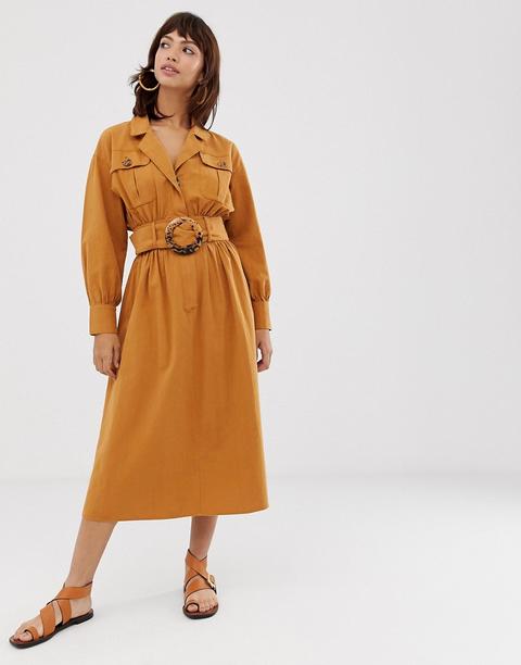 Asos Design Midi Shirt Dress In Texture With Tortoiseshell Buckle-yellow